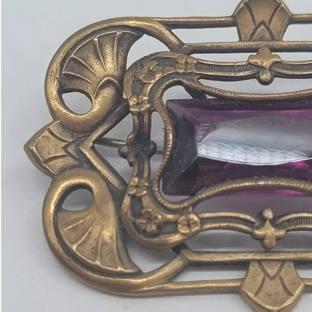 Antique Art Nouveau Brass Amethyst Glass Sash Brooch Victorian Romantic Jewelry